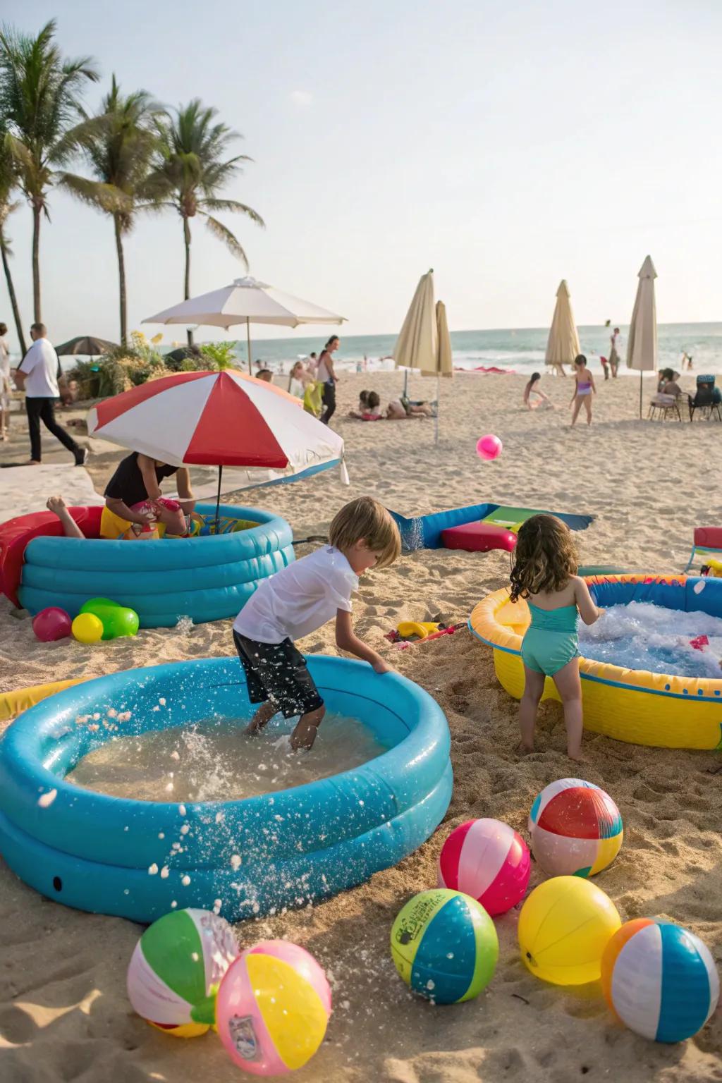Beach-inspired setup with playful sand and water activities.