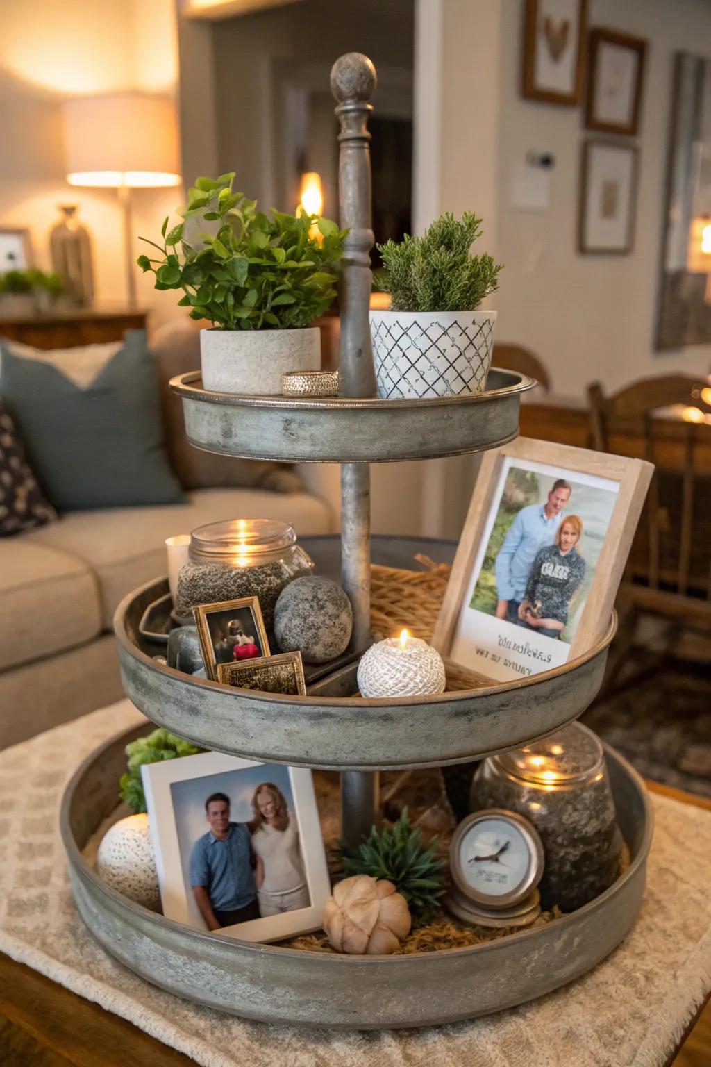 An eclectic-themed tiered tray filled with cherished memories.