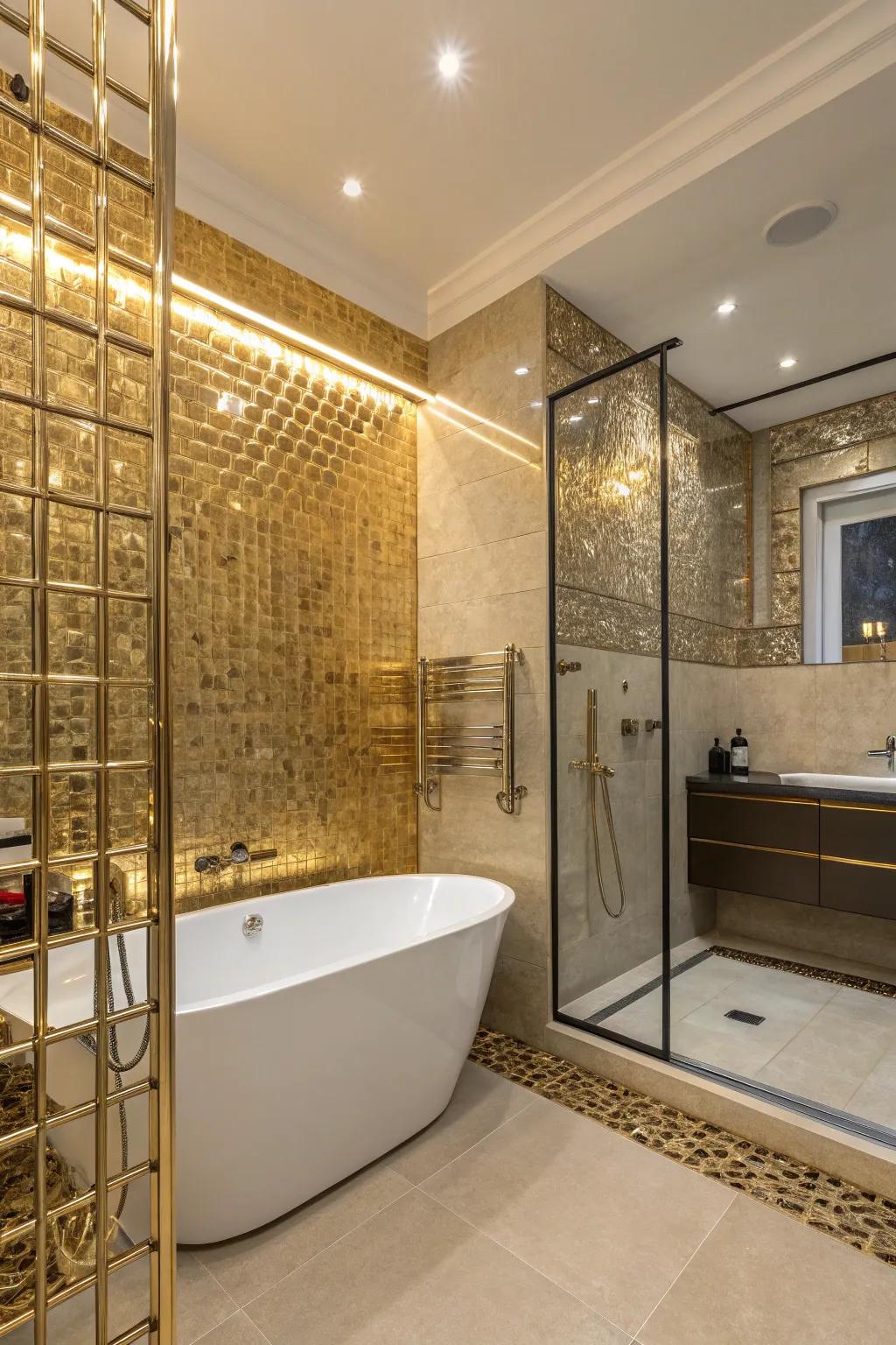 Gold metal trims add a touch of luxury and glamour to tiled spaces.