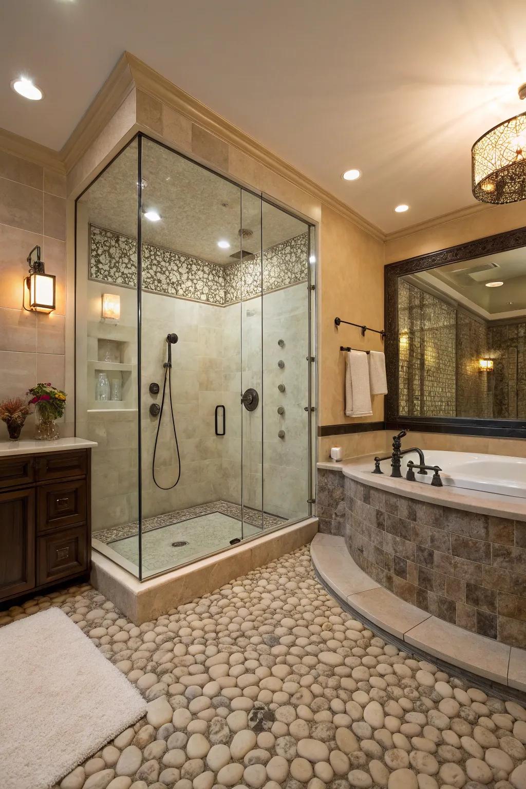 Pebble tiles create a relaxing, spa-like experience in this bathroom.