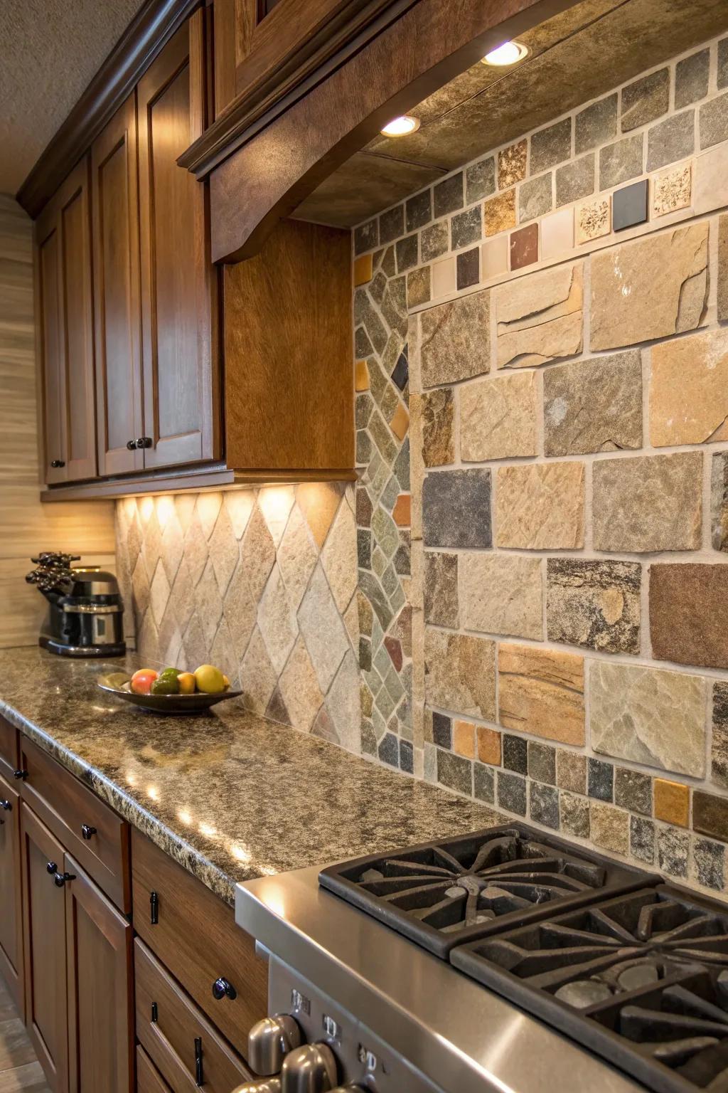 A blend of natural stone tiles adds warmth and texture to this kitchen.