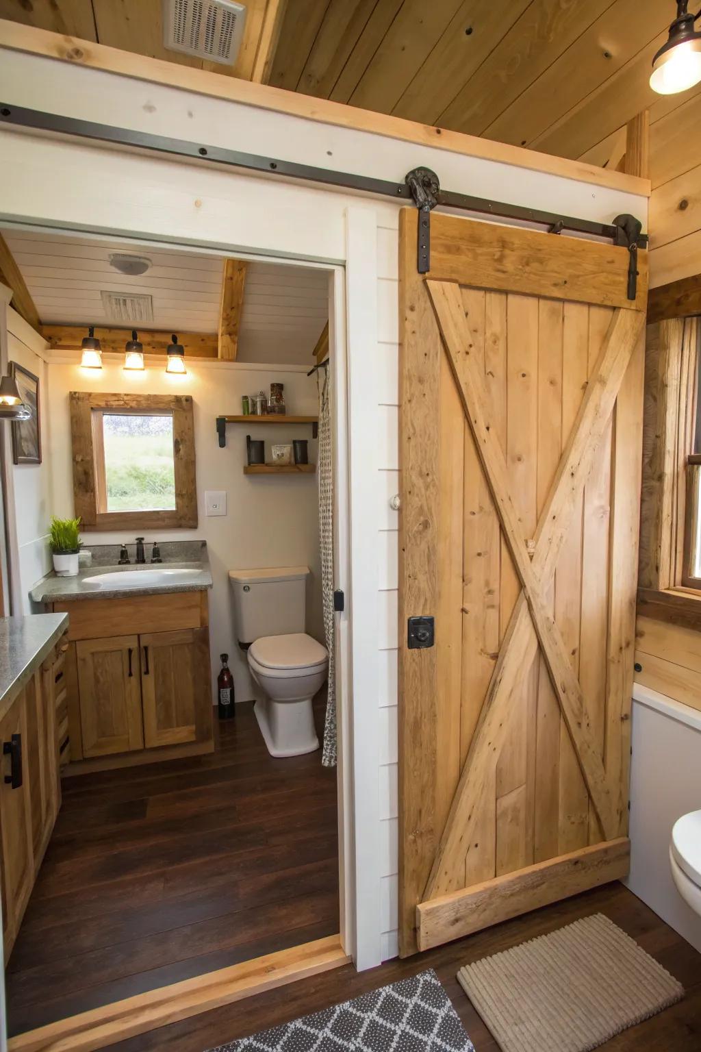 Sliding barn doors offer style and function in this tiny bathroom.