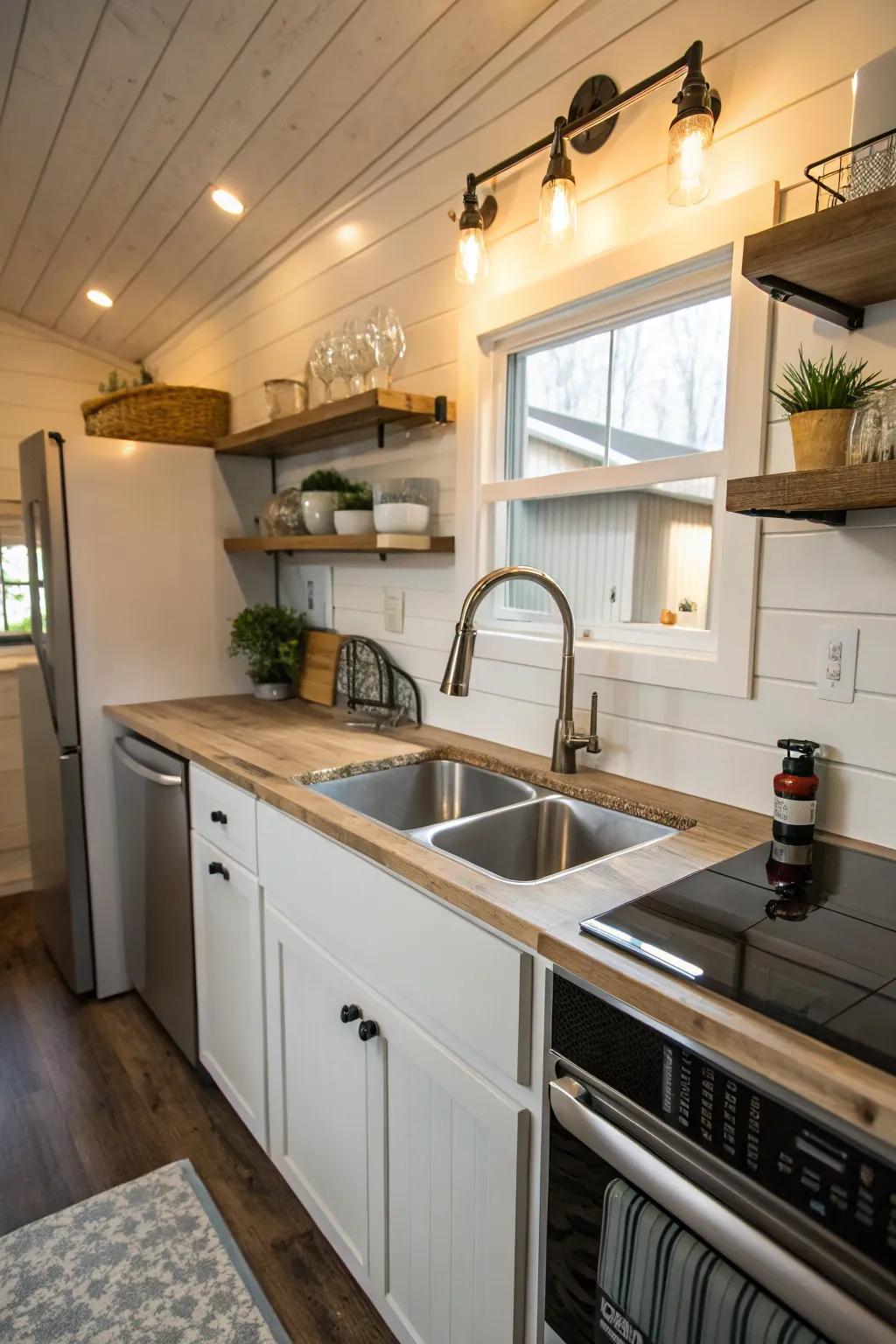 Stylish lighting hardware enhancing the sink area in a tiny house kitchen.