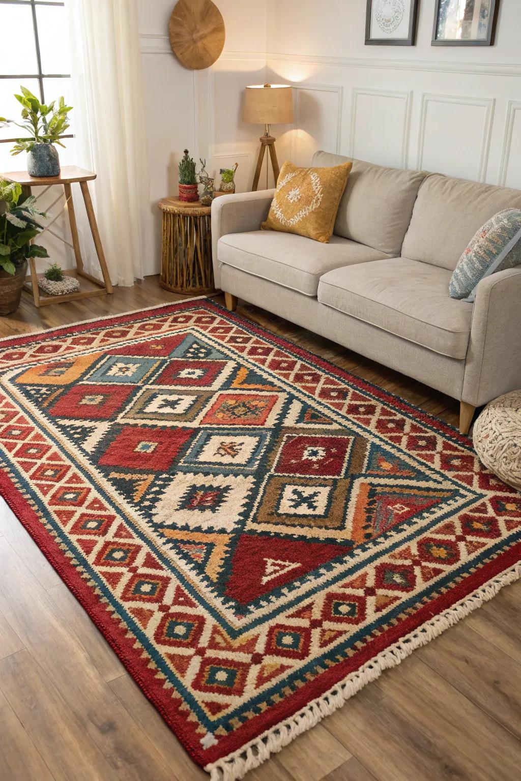 Large rugs anchor the room and enhance its spacious feel.