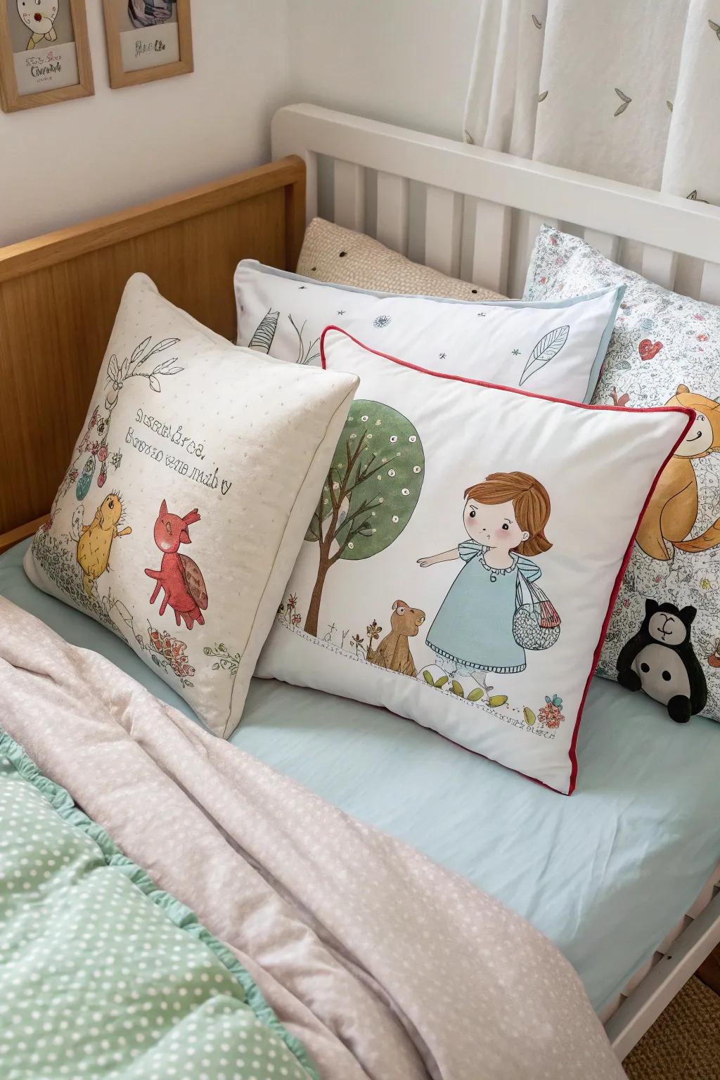 Cuddling up with story-filled pillows for sweet dreams.