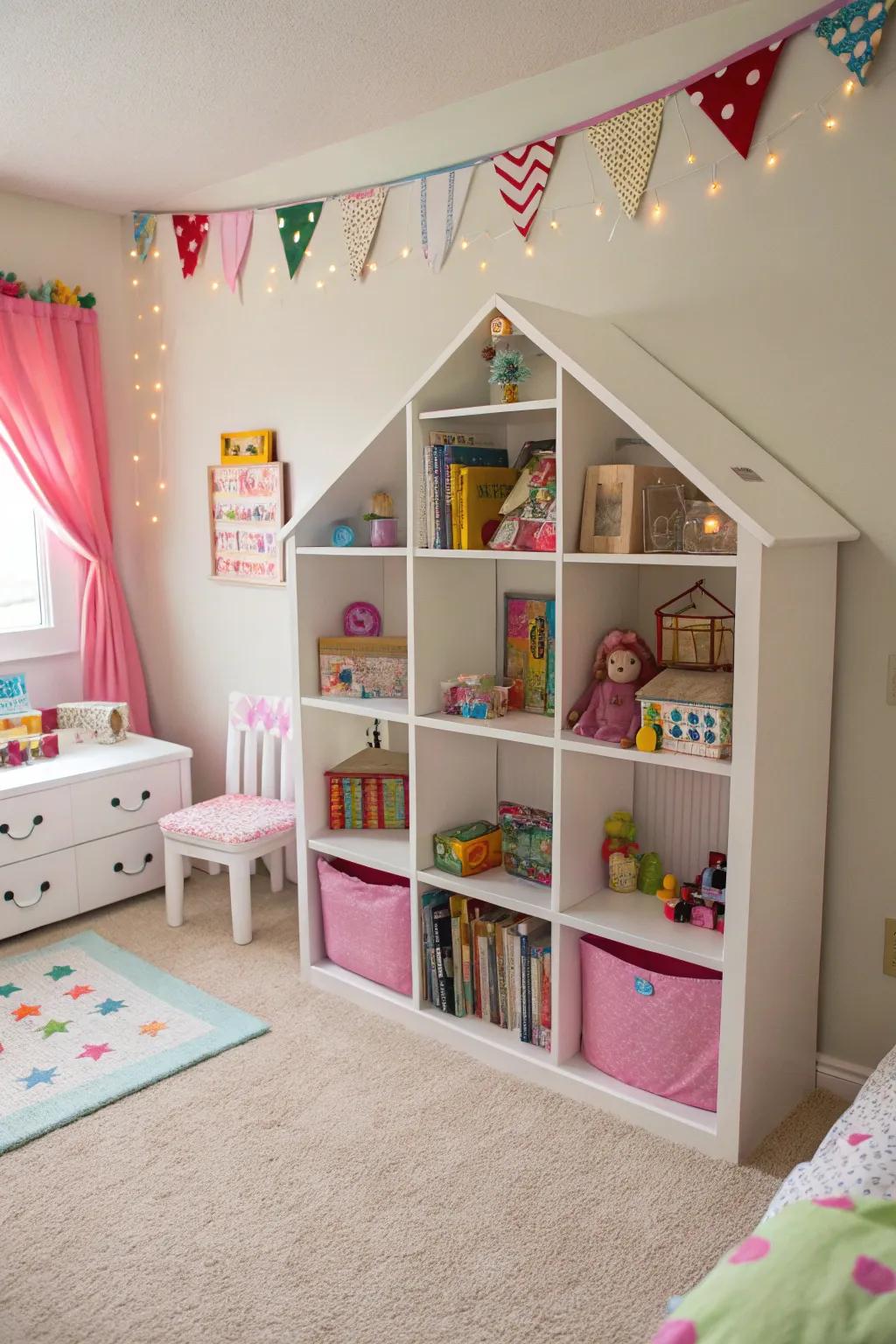 A bookcase-turned-dollhouse tenders creative play and storage in one.