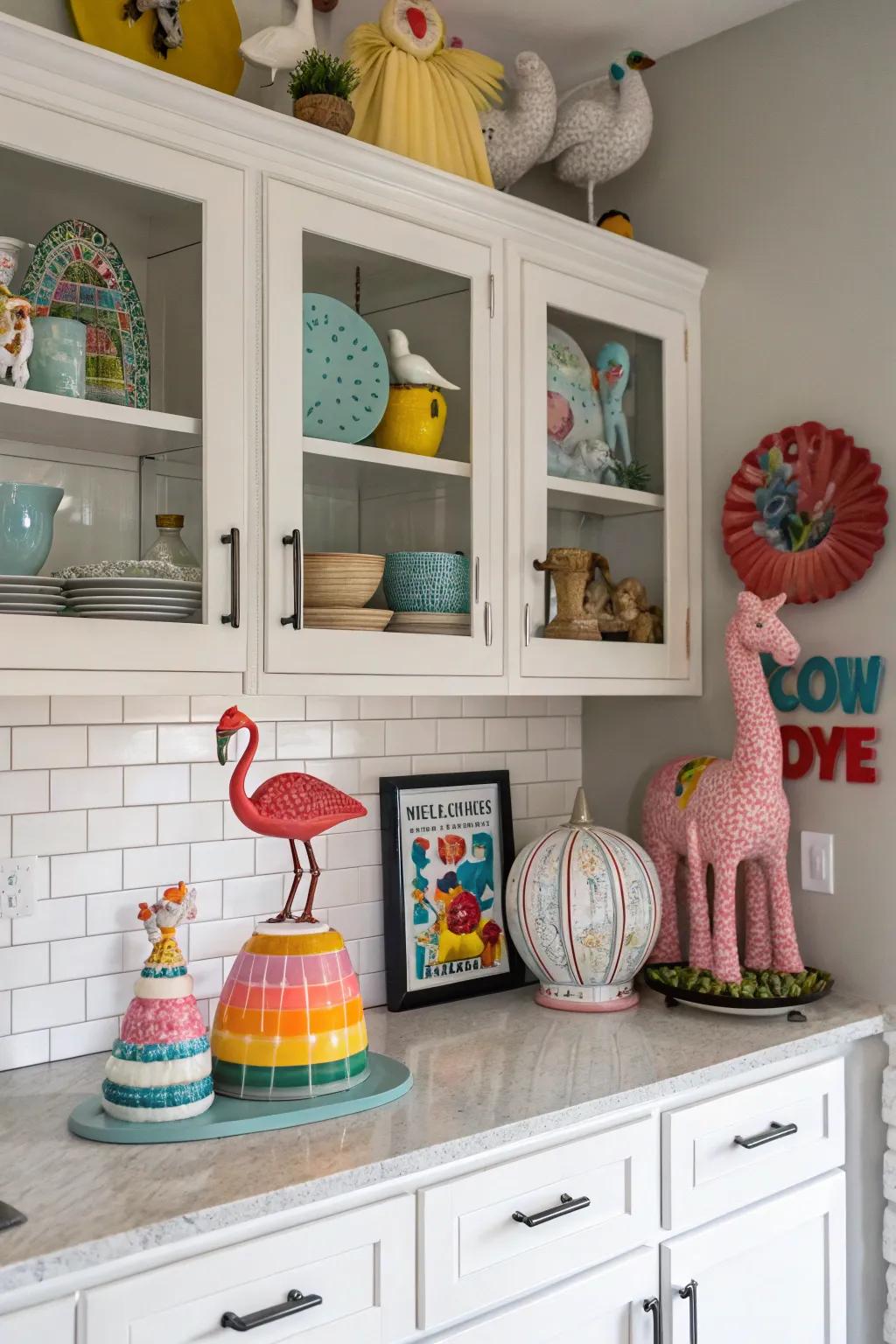 Add a dash of whimsy with playful decor above your cabinets.