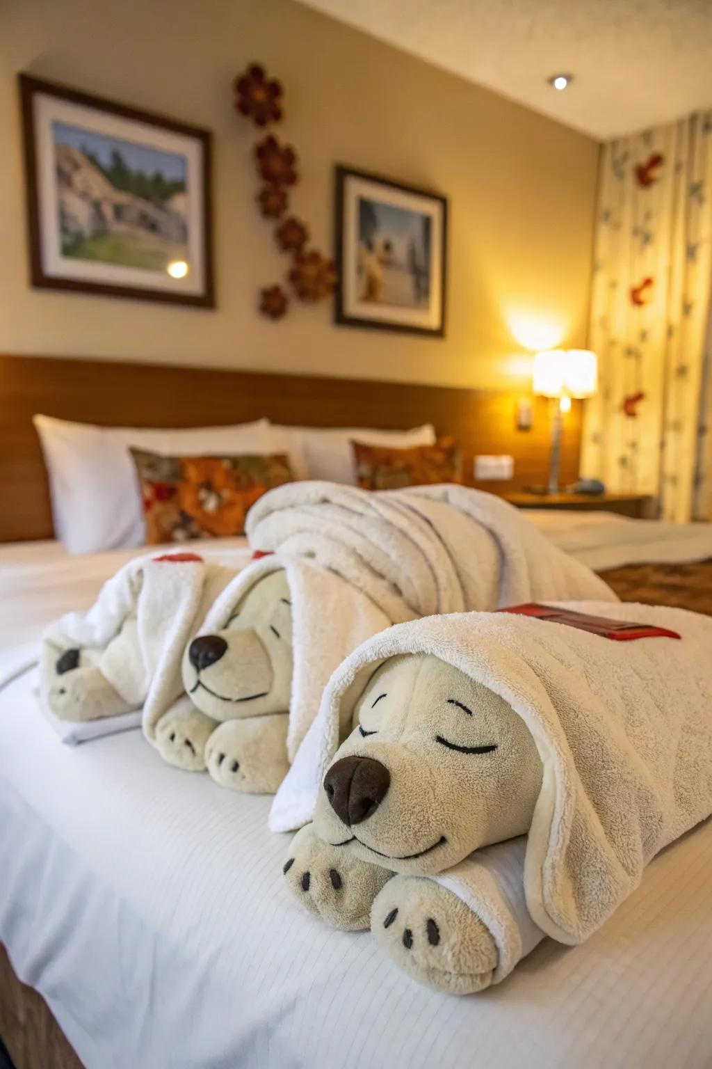 Welcome visitors warmly by utilizing sleeping pup-shaped cloths.