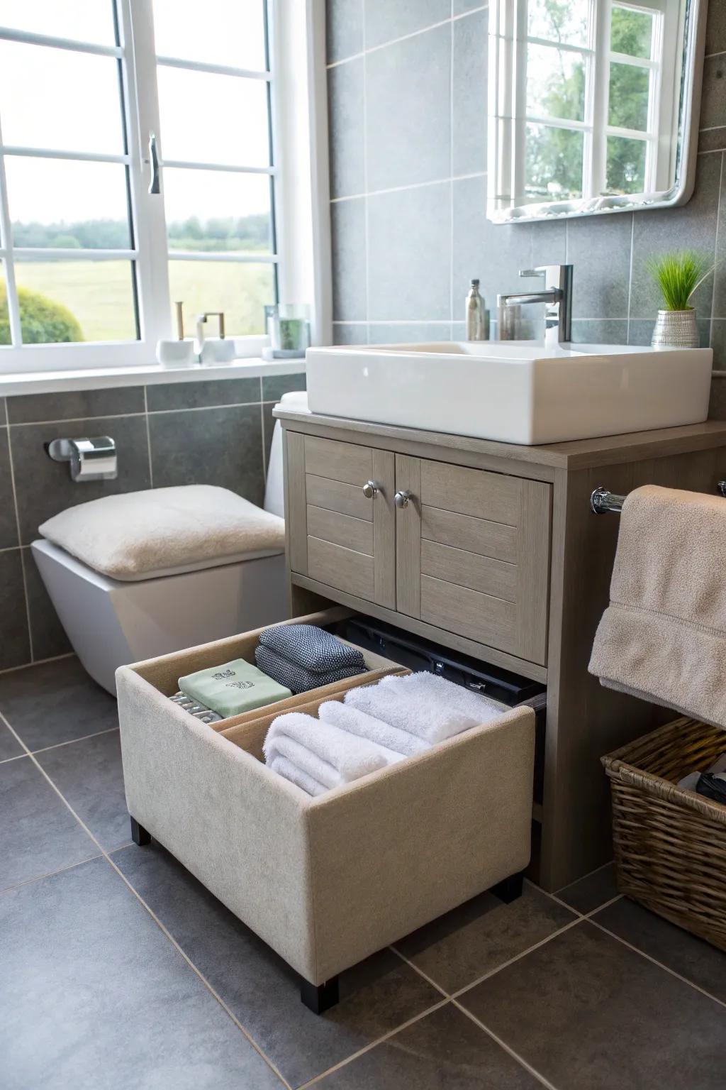 Ottomans provide chic, hidden towel storage.