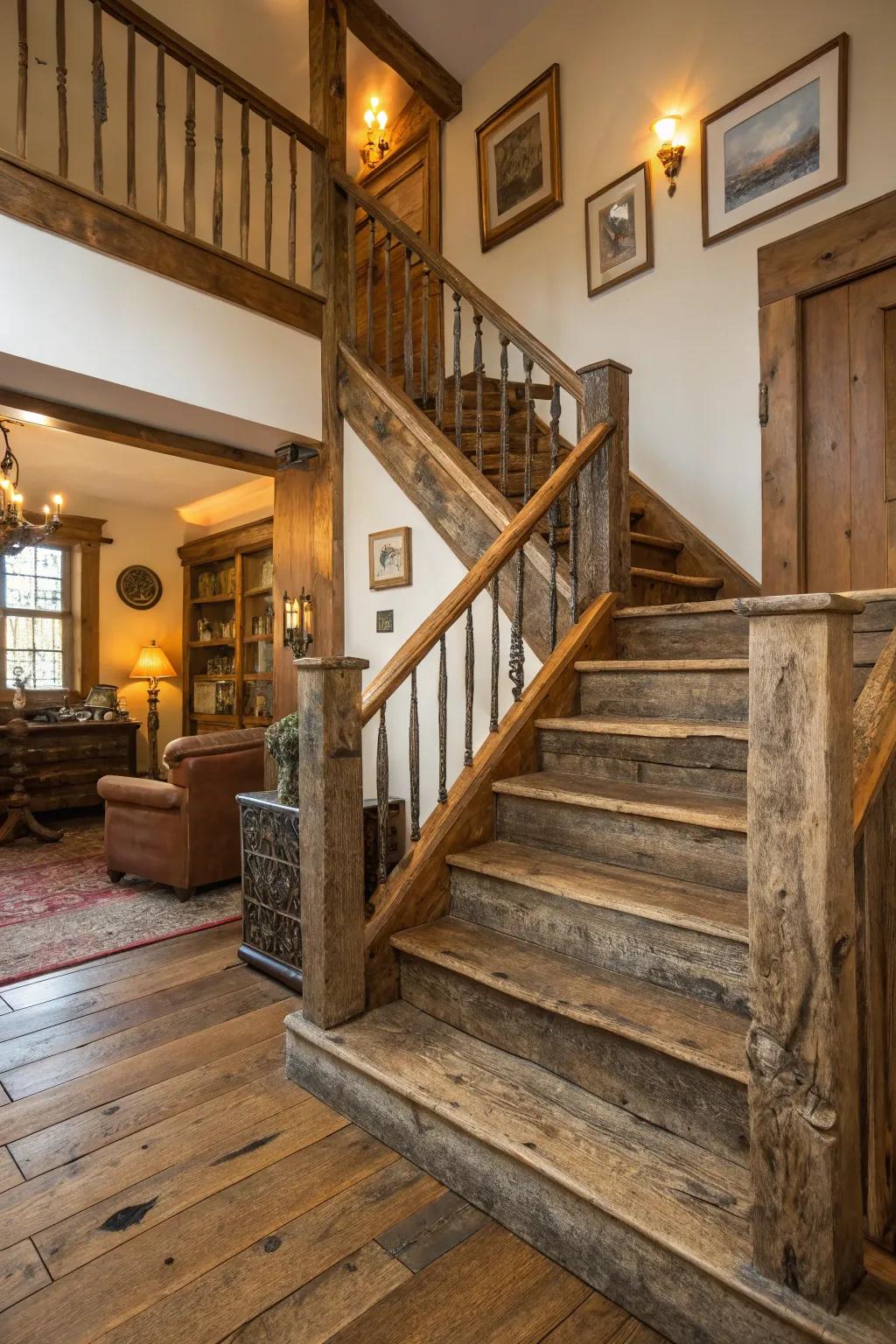 Reclaimed timber introduces country warmth to the staircase.