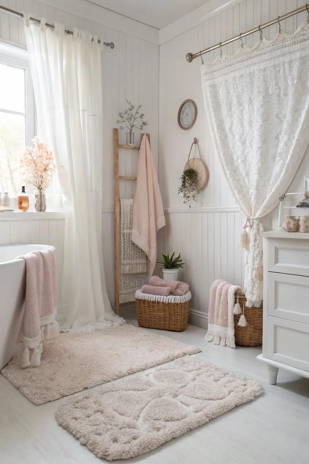 A white bathroom layered using soft textiles that increase warmth and comfort.
