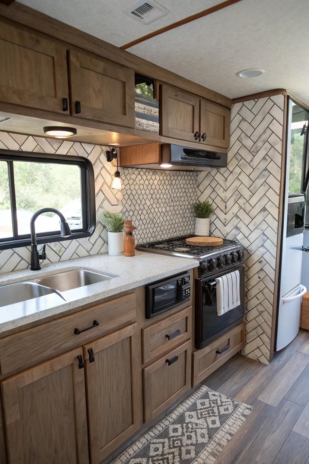 Herringbone patterns add sophistication to your RV kitchen.