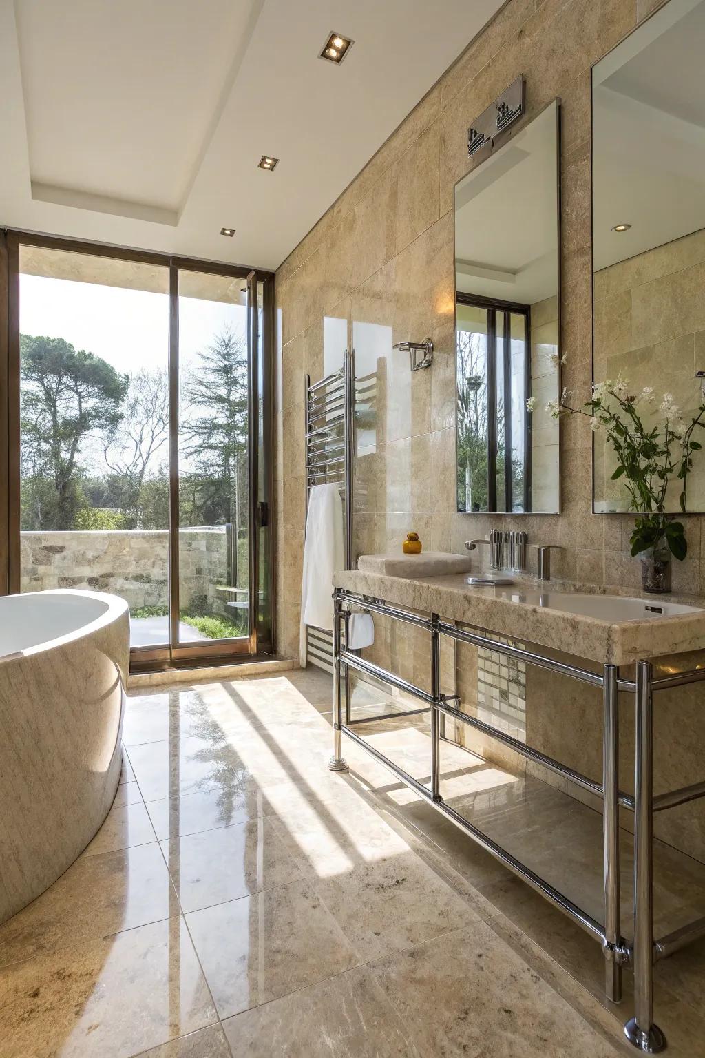 A dynamic travertine bathroom features a mix of mediums like metal and glass.