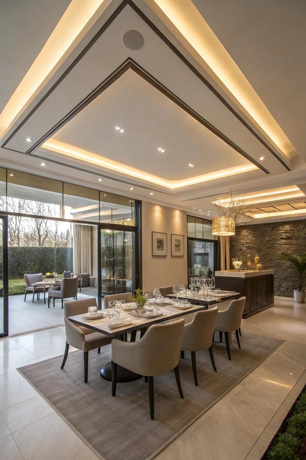 A contemporary dining space enhanced by layering different lights in the tray ceiling.