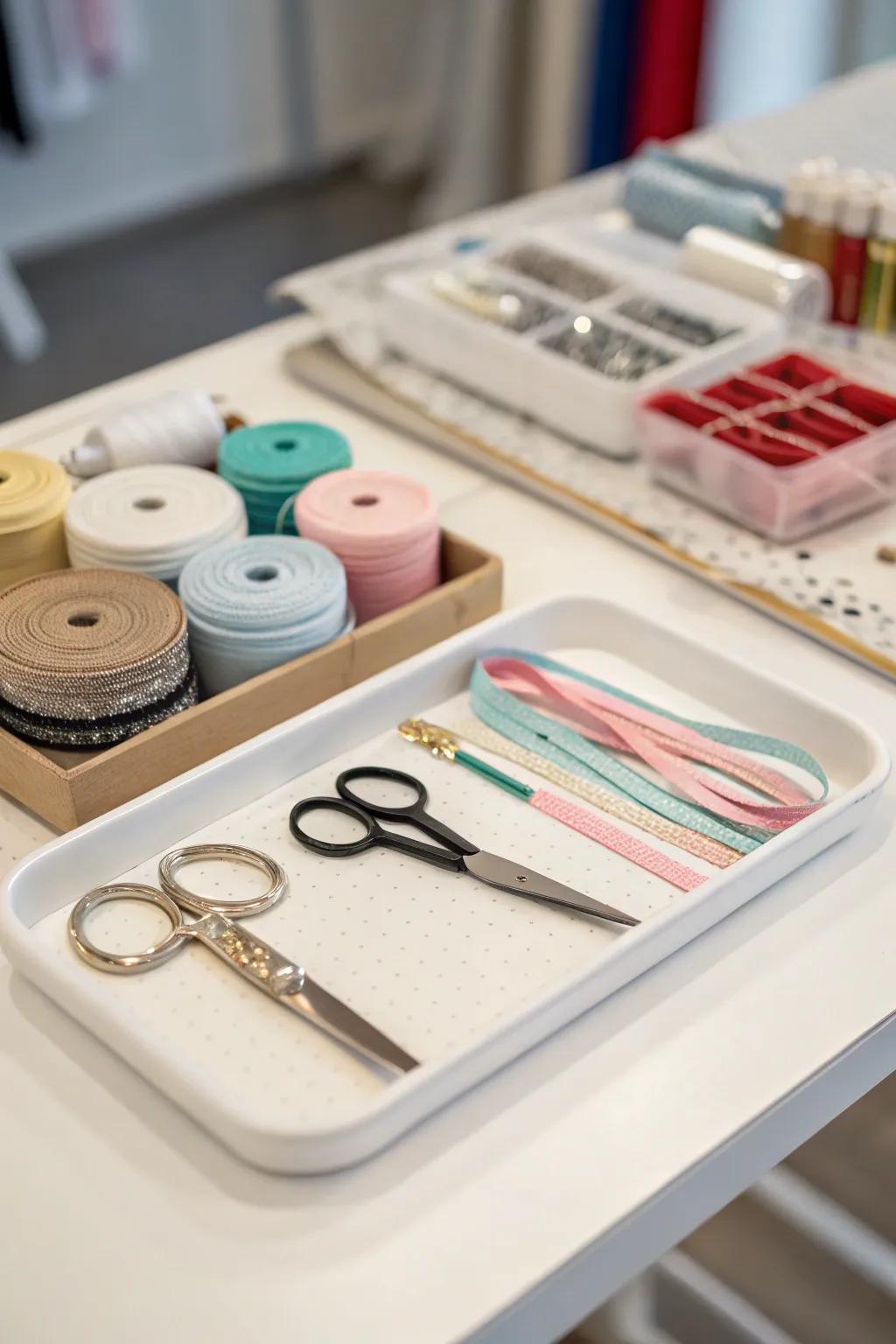 An orderly craft station, highlighted by a creatively-organized tray.
