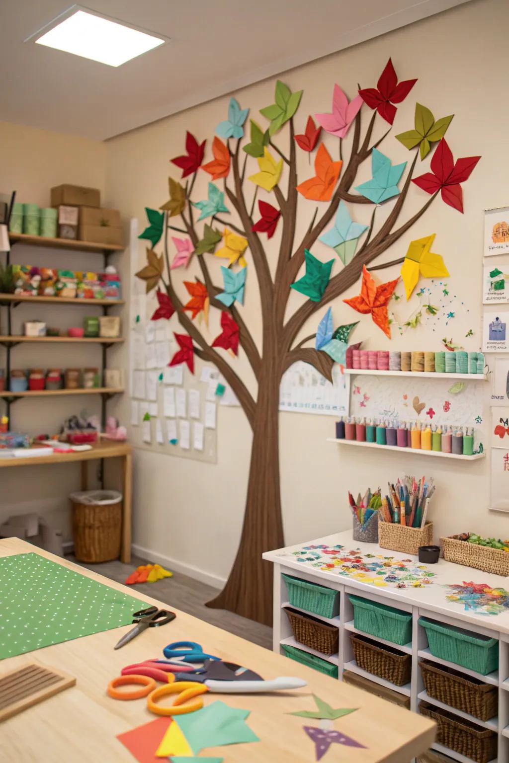 A paper craft tree bulletin board featuring origami leaves.