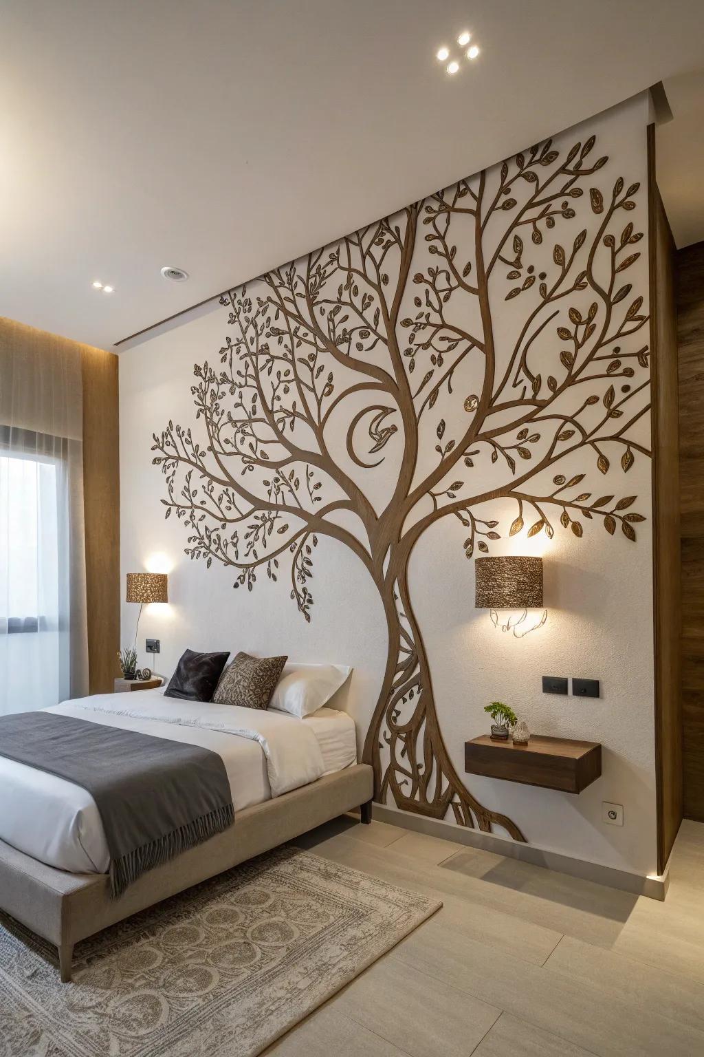 Eternal Tree wall decal enhances a modern boudoir with personal flair.