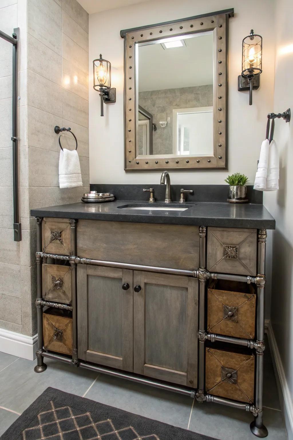 A bathroom showcases a vanity with metal accents, which contributes to its industrial-chic style.