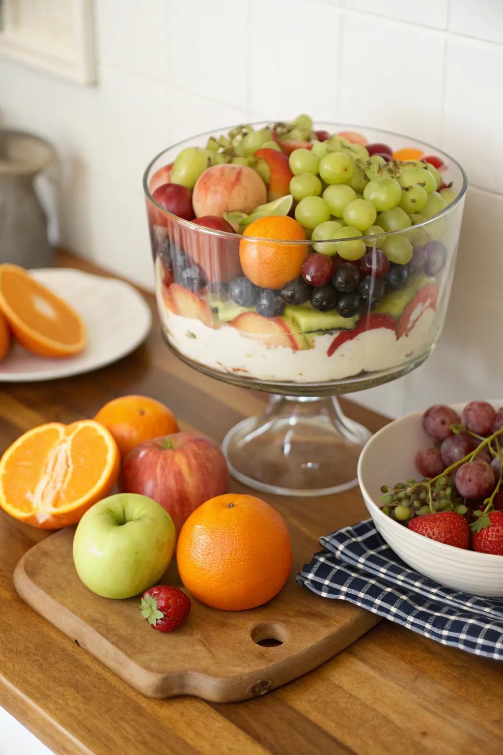 A dessert bowl filled with a bright mix of fresh fruits.