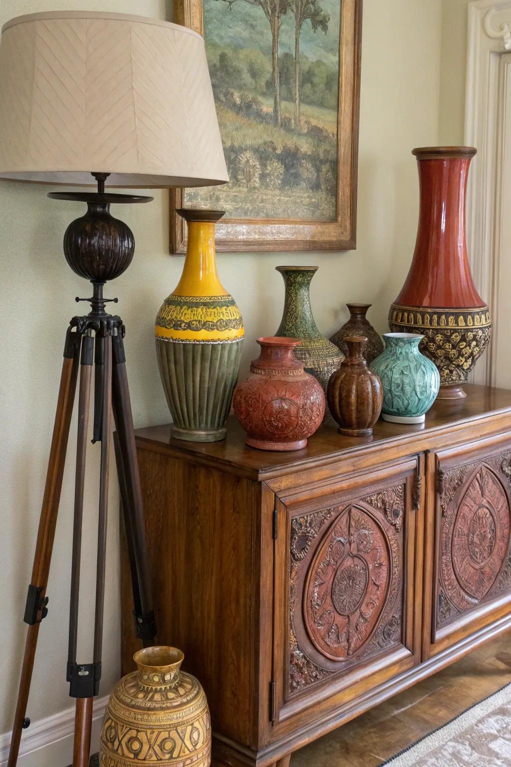 Eclectic voguishness evidenced in three-legged vessels engenders a distinctive d&eacute;cor proclamation.