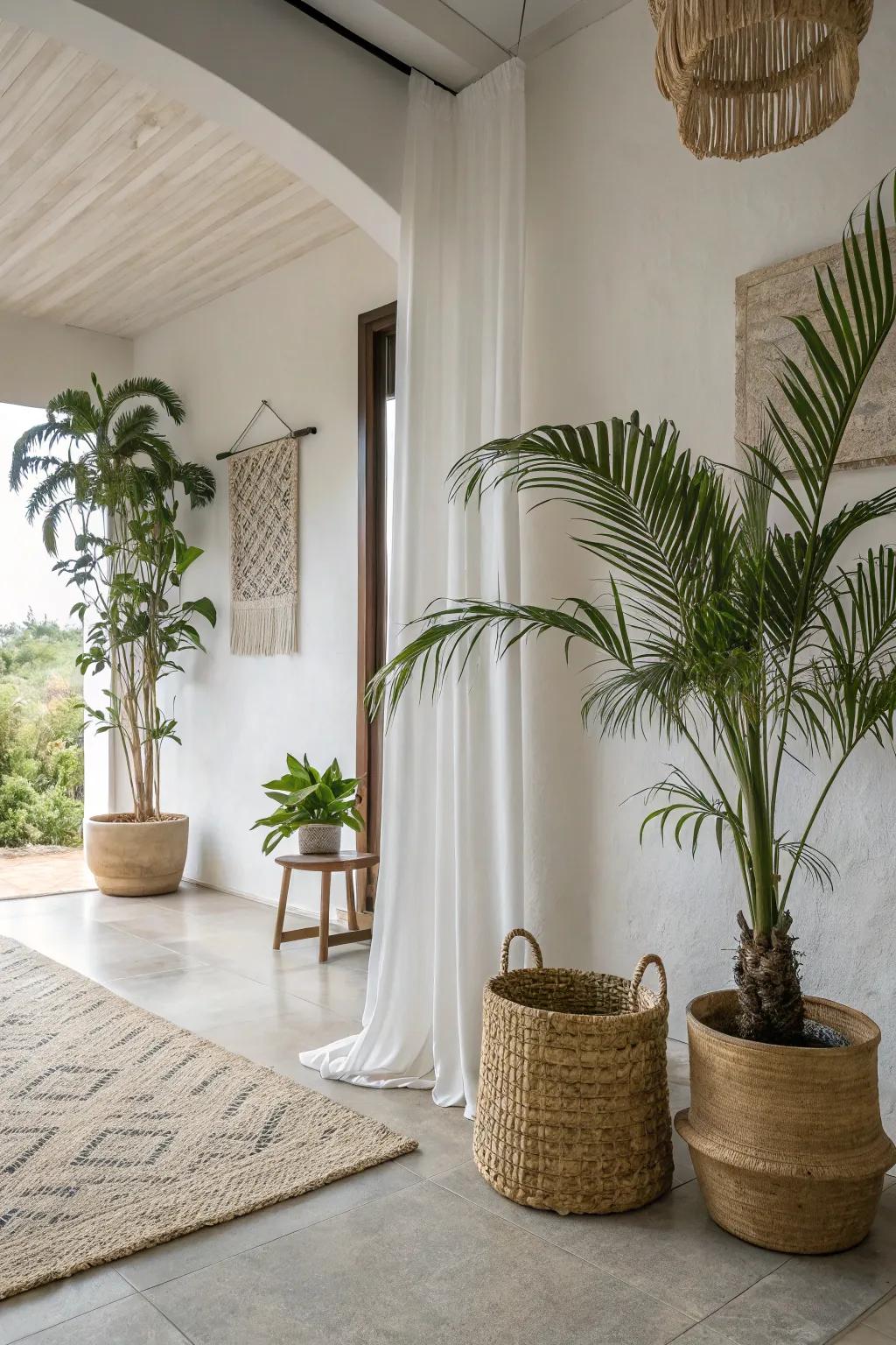 A mix of tropical and minimalist styles creates a fresh, serene space.