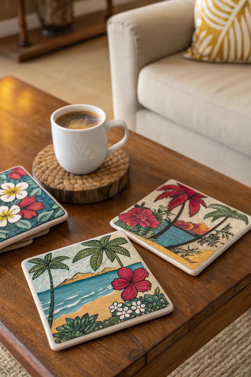 Handmade island drink mats add a personal touch.