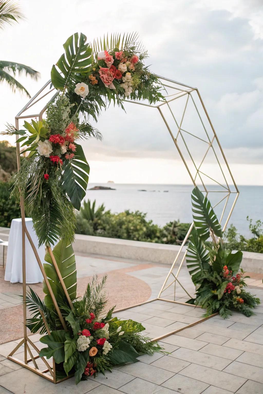 A modern geometric arch that stands out on the beach.
