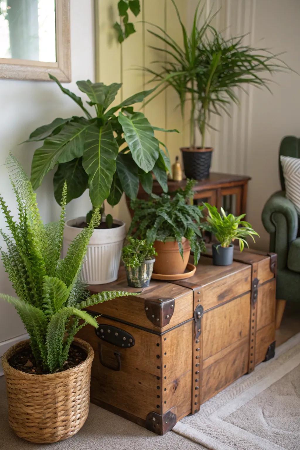 A trunk elevates plants beautifully, creating a vibrant indoor garden.