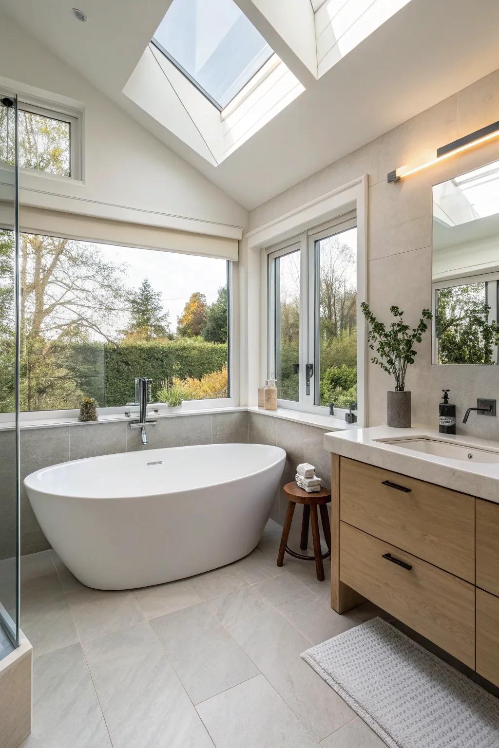 A corner tub installation optimizes space and contributes a distinctive architectural attribute.