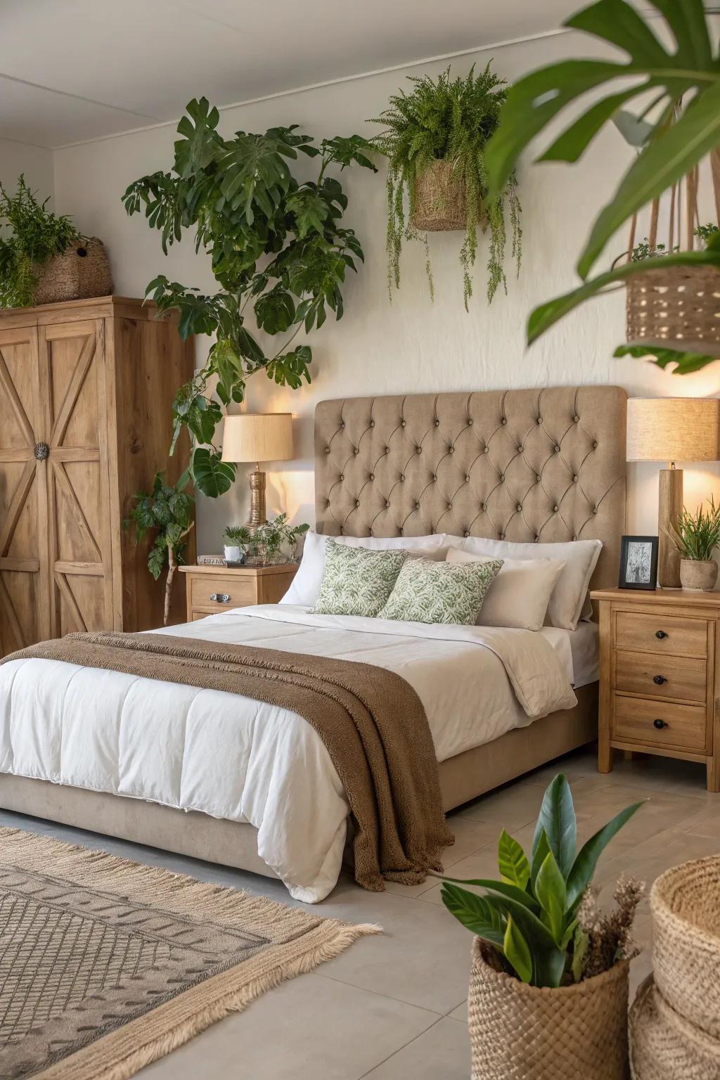 A bedroom inspired by nature, featuring a soothing tufted headboard.