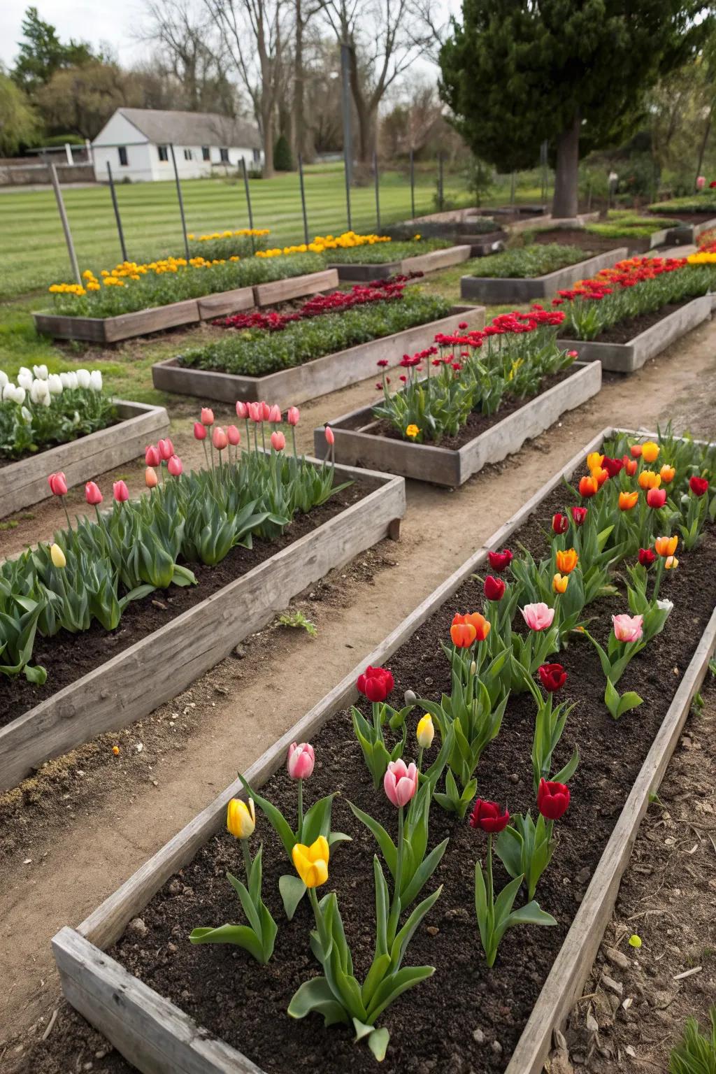 Tulips flourishing in elevated gardens, benefiting from enhanced drainage and visual appeal.