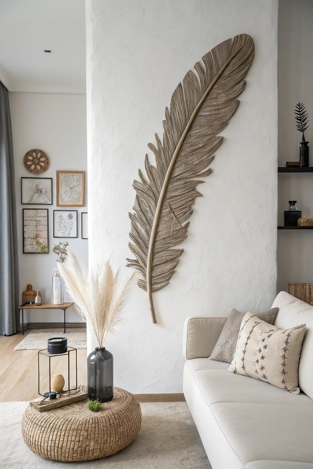 A minimalist wall sculpture elegantly employing wild fowl plumage.