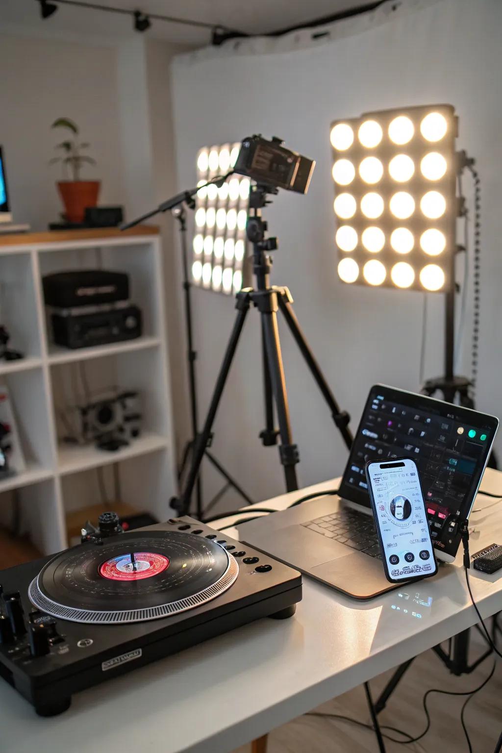 Connected illumination controlled via smart device enhancing a record player space.