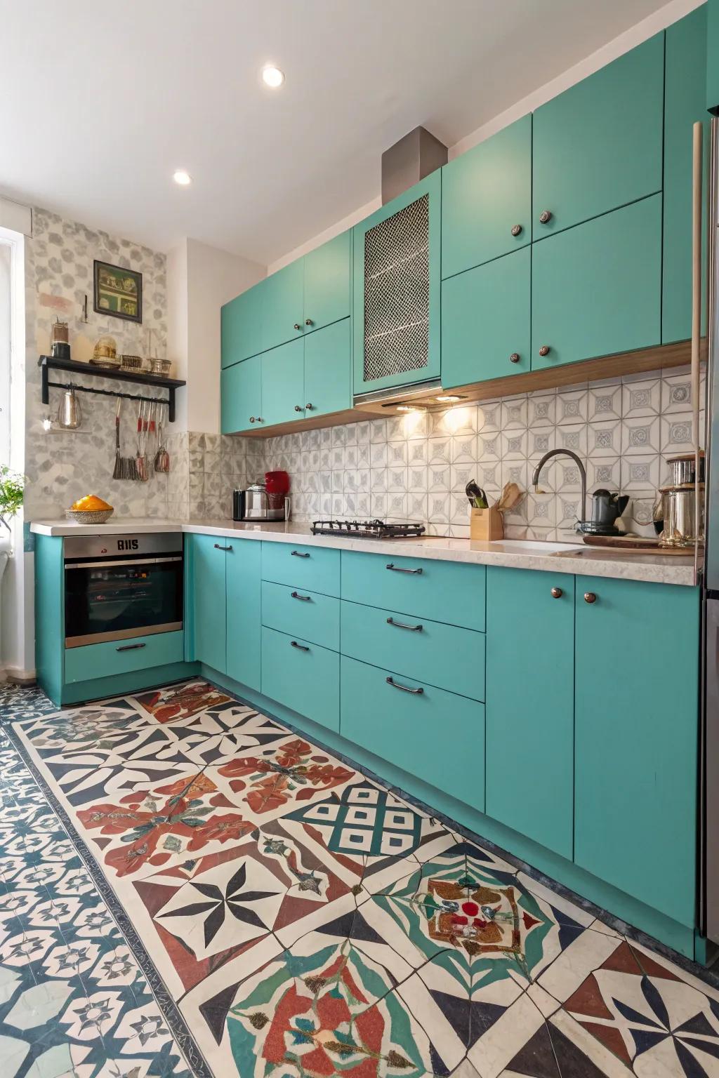 Geometric patterns incorporating a contemporary edge to turquoise cabinetry.