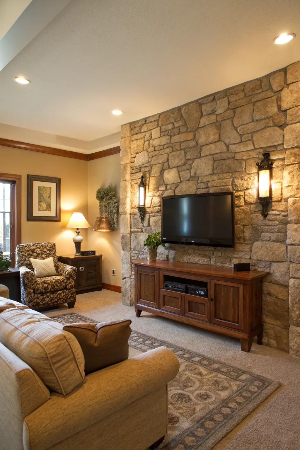 Natural stone brings elegance and timelessness to this TV feature wall.
