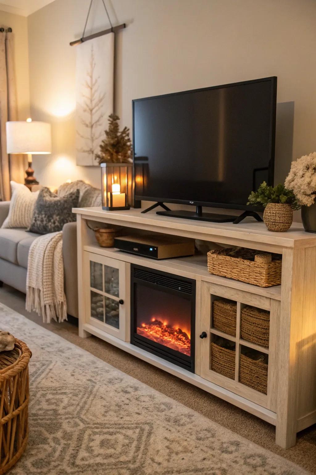 A faux fireplace adding warmth and charm to your TV stand.