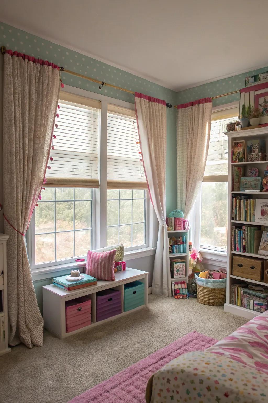 Chic and serviceable layered window dressings.
