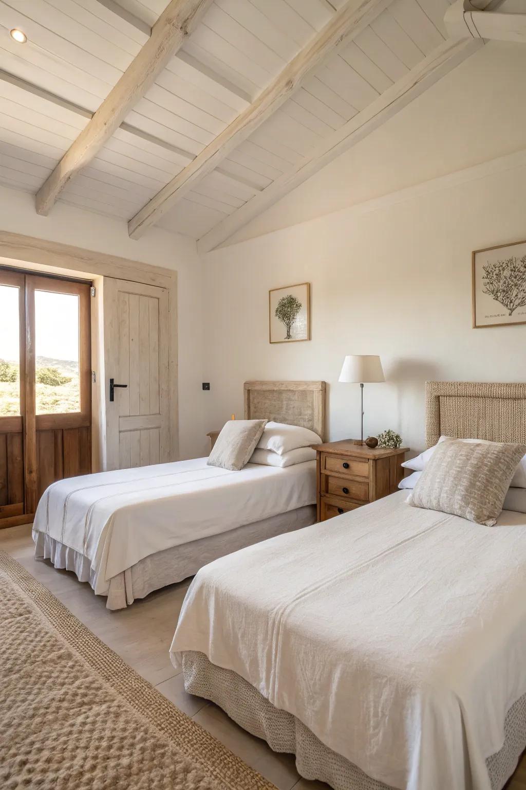 Minimalism creates a spacious and calming retreat with twin beds.