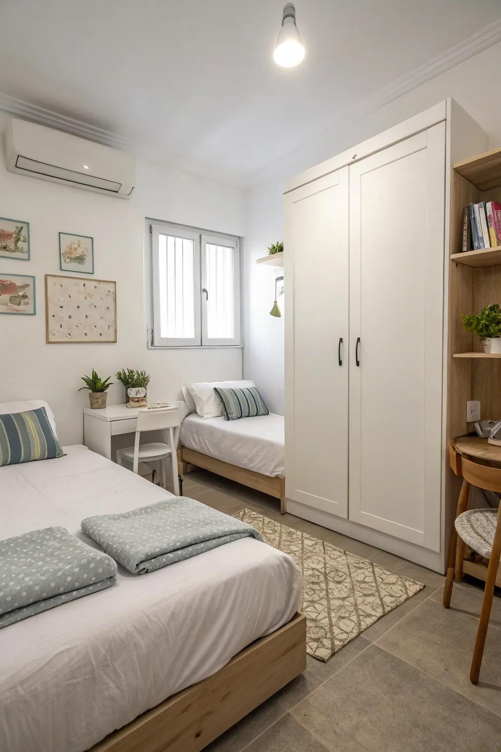 Minimalist design cultivates a peaceful twin bedroom atmosphere.