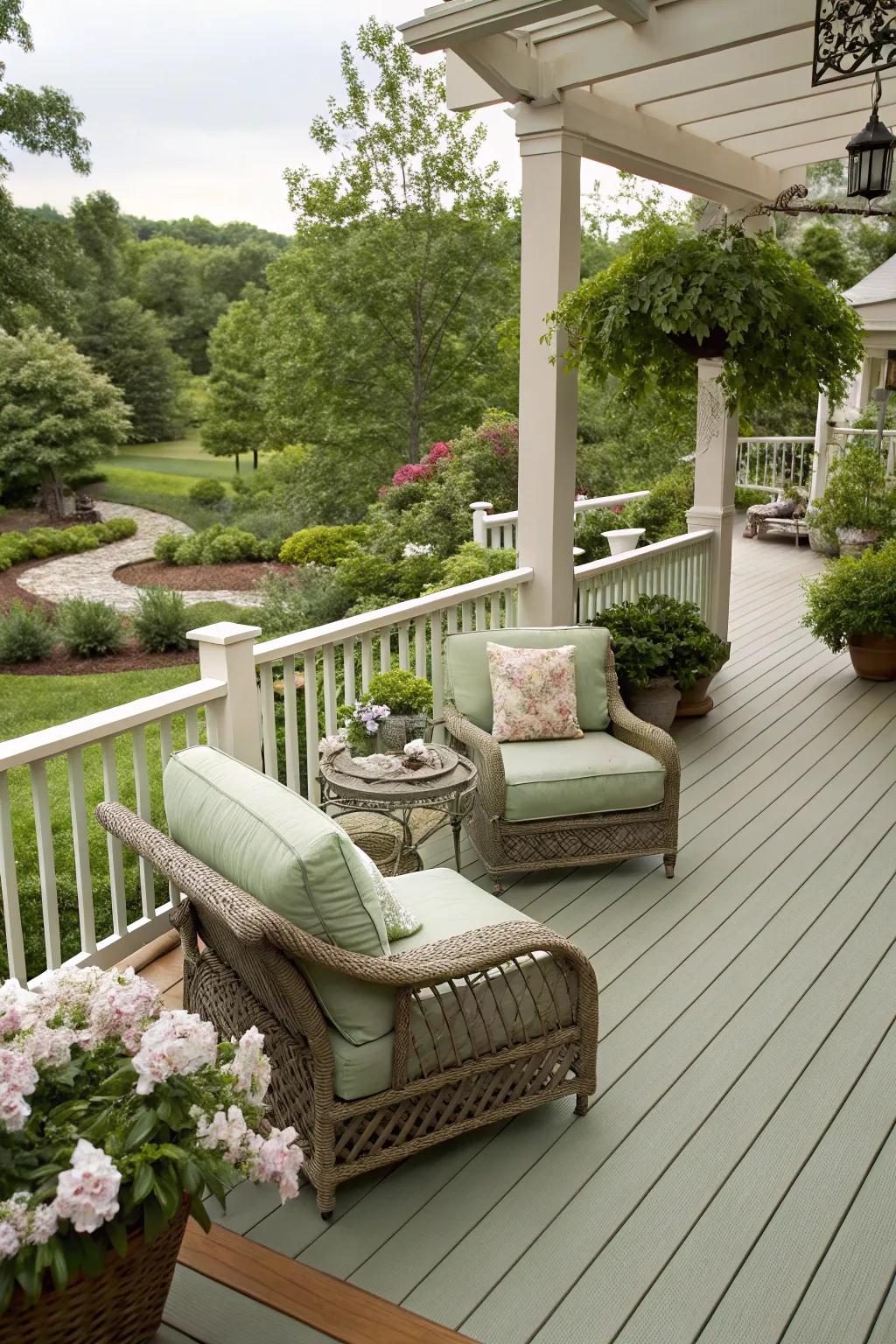 Green sage and cream offer a serene and tranquil deck experience.