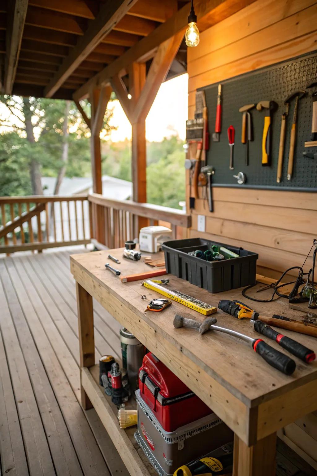 A rustic workshop beneath the deck, ideal for DIY enthusiasts.