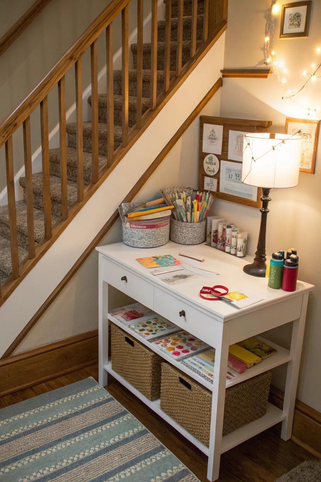 A vibrant craft corner under the stairs for creative pursuits.