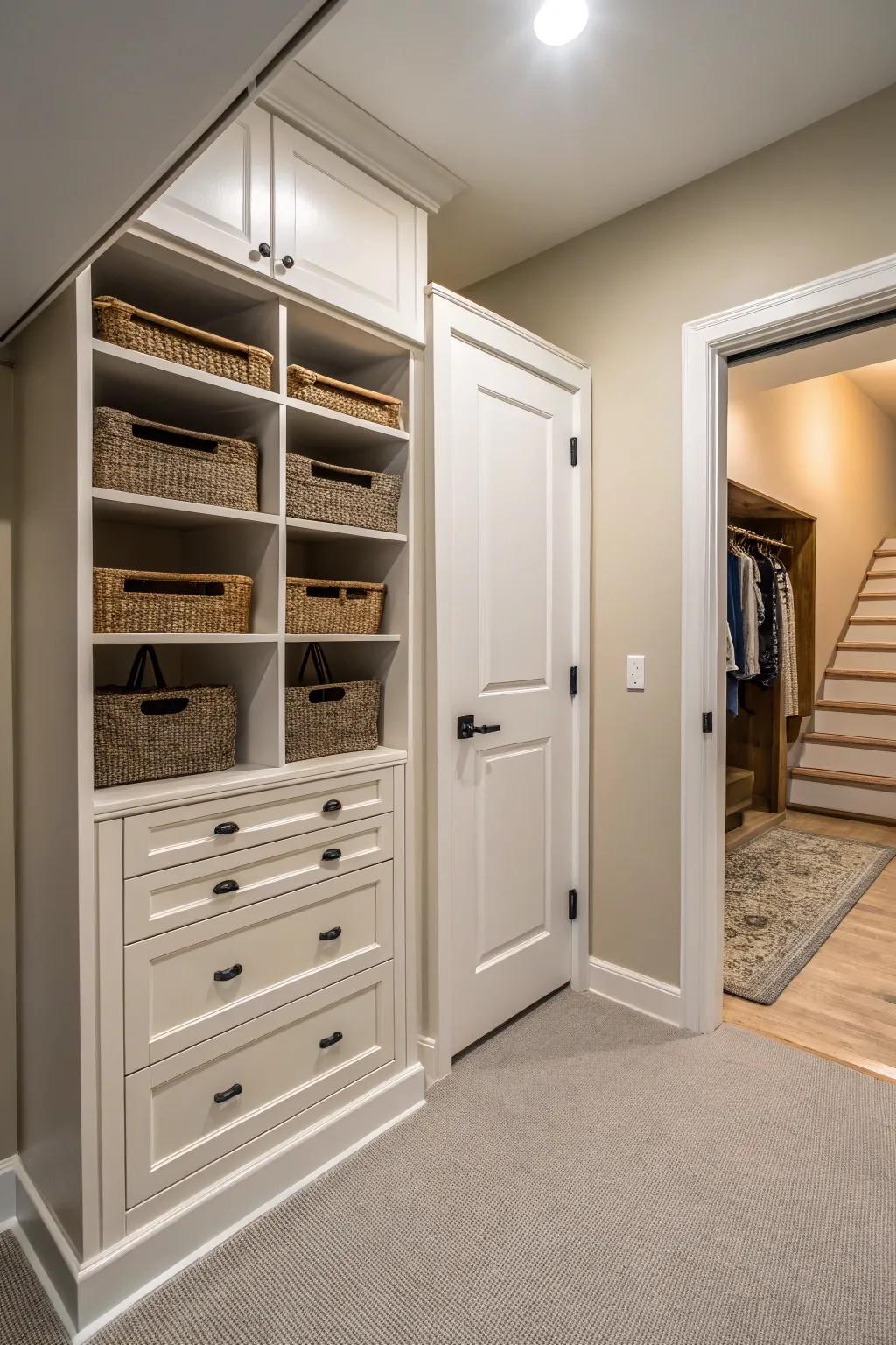 Concealed storage maintains a sleek and structured closet.
