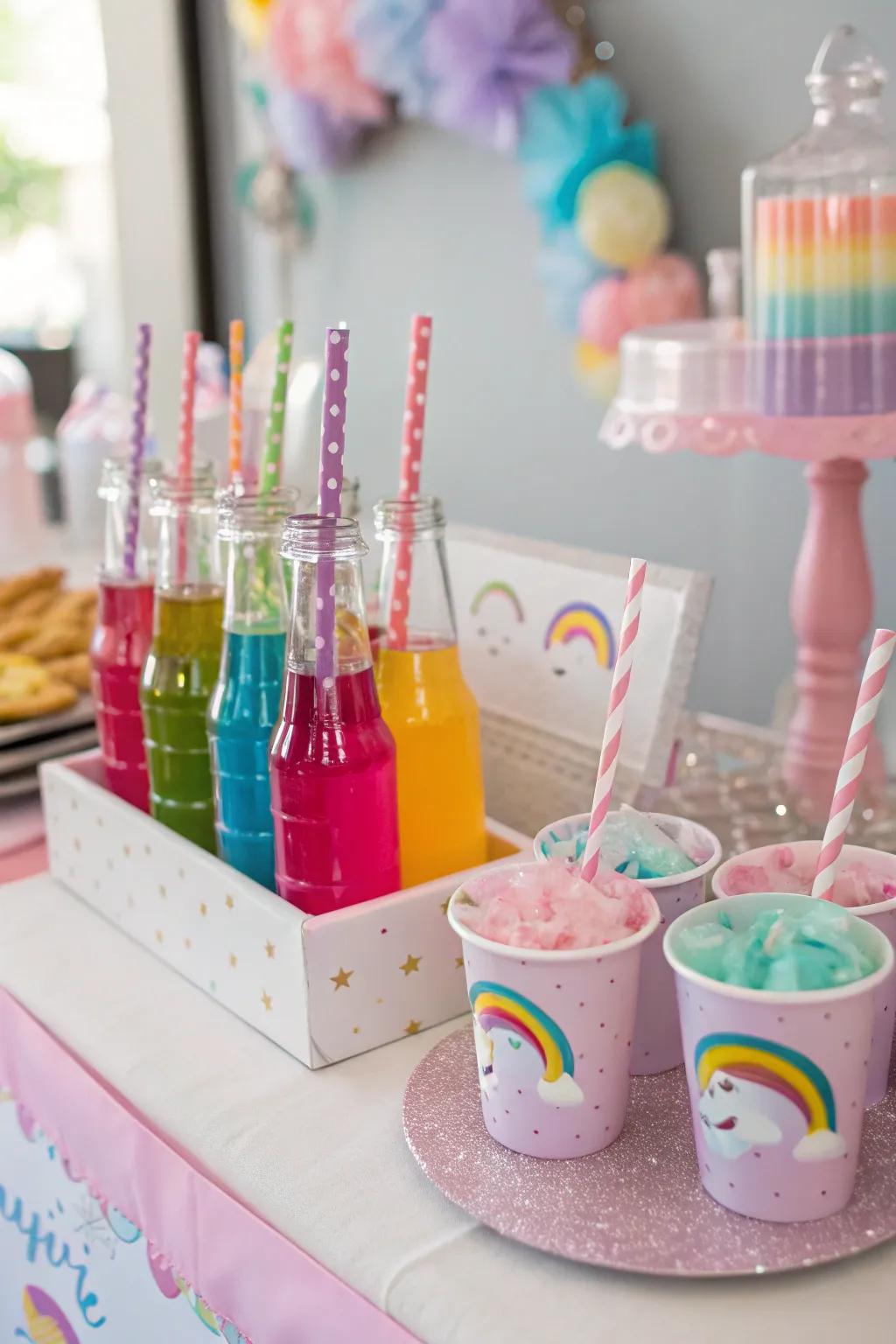 A vibrant unicorn beverage station showcases themed sippers.
