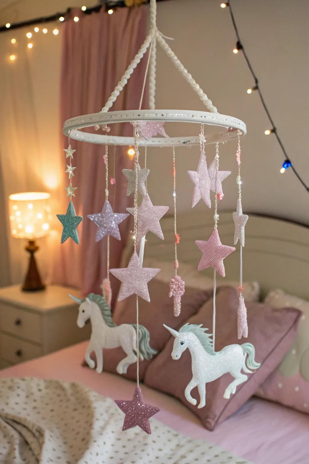 A mystical hanging decoration adding enchantment above a bed.