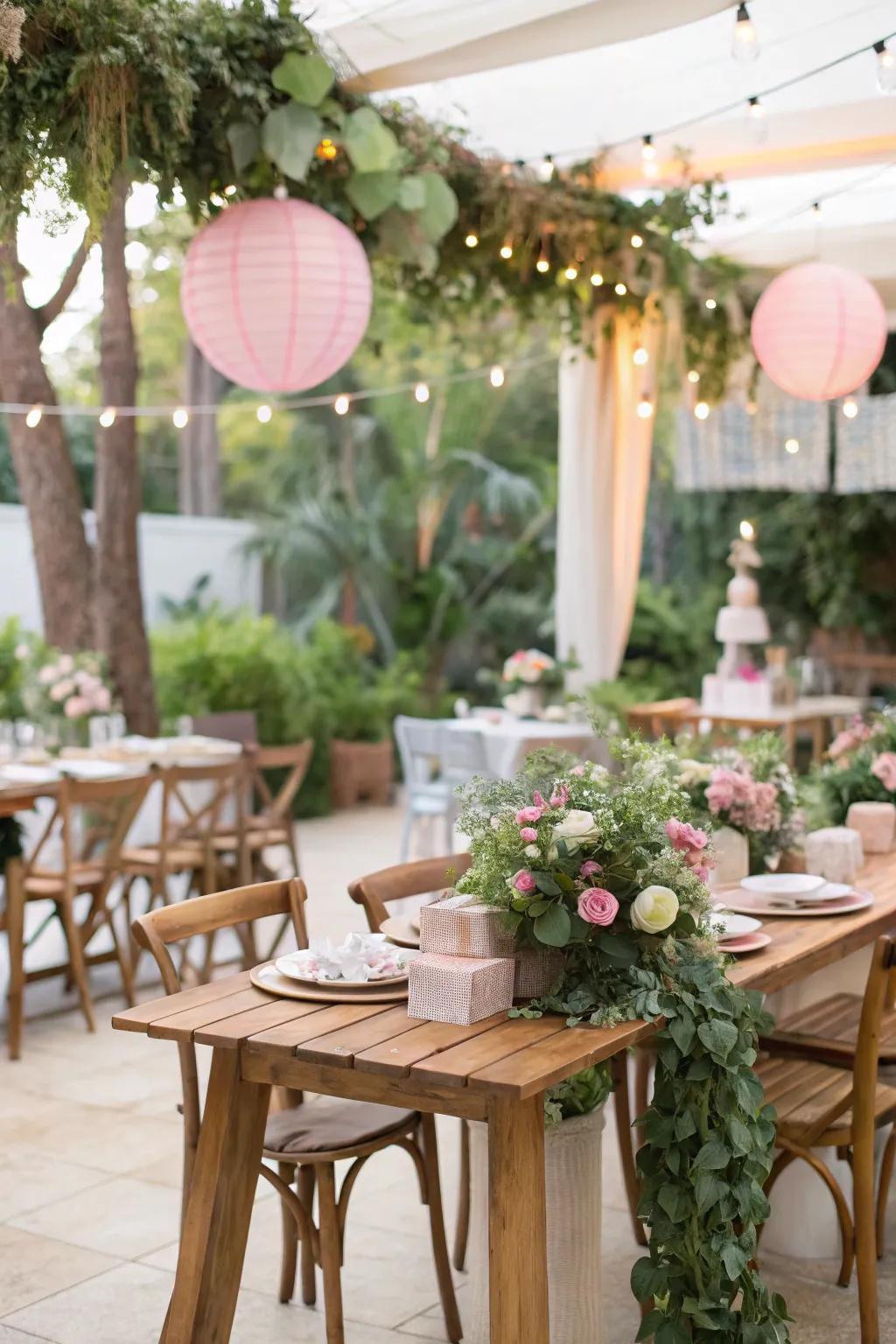 A revitalizing look using organic-inspired details like wood and greenery.