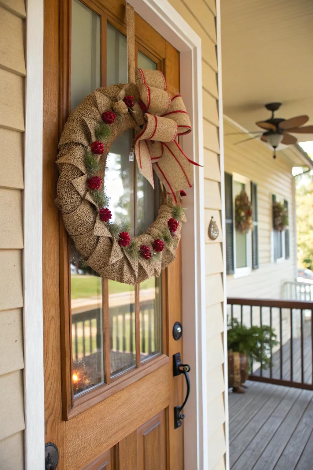 Hessian and band create a country charm for your door.