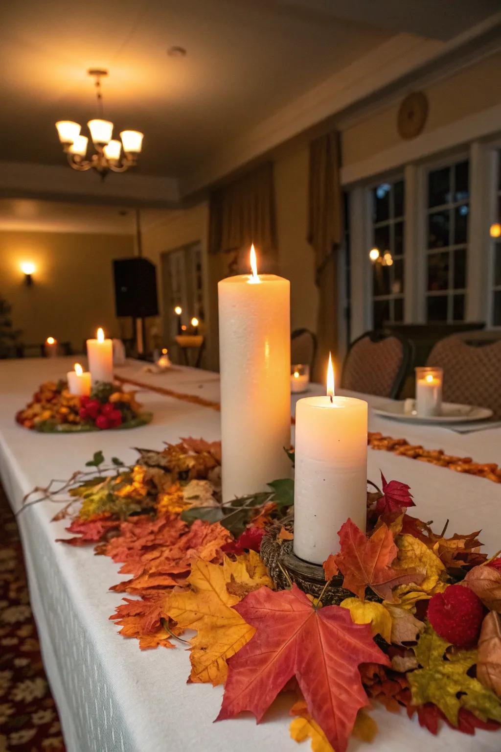 Seasonal embellishments like autumn foliage encircle this unity candle station.