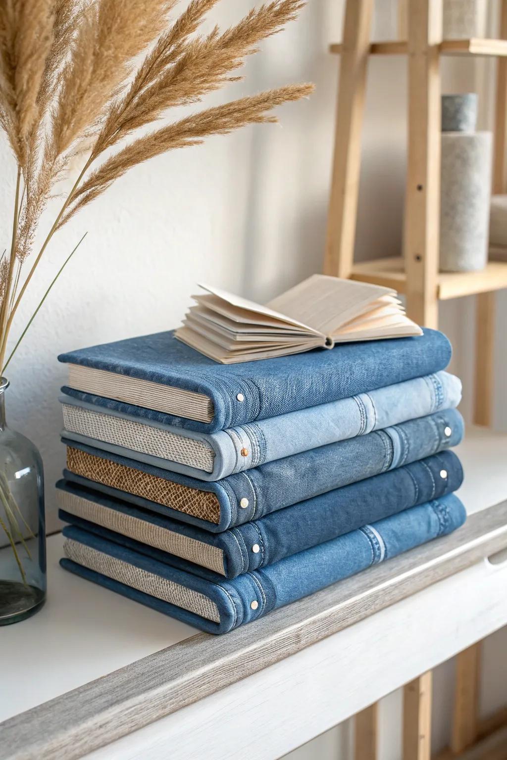 Transform your bookshelf with stylish denim book jackets&mdash;sustainable style meets Scandinavian simplicity.