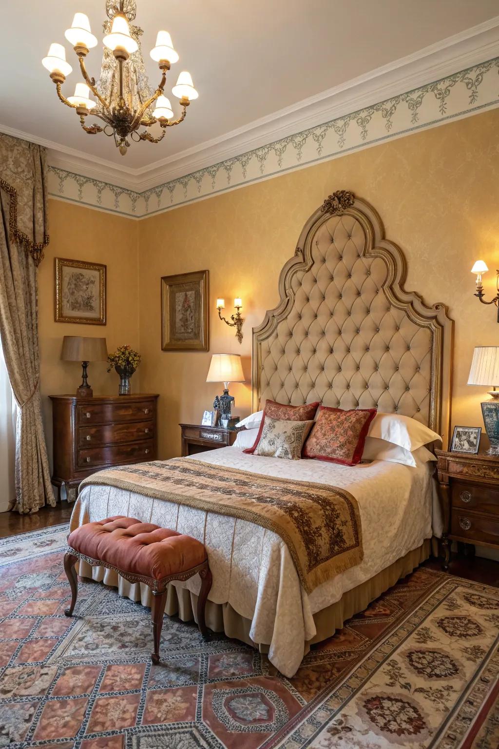 A scalloped headboard adds vintage grace to this sleeping quarter.